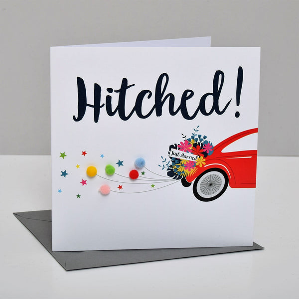 Wedding Card, Hitched! Car, Just Married, Embellished with colourful pompoms