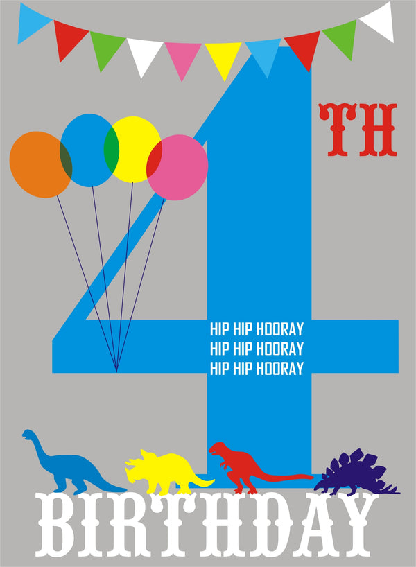 Birthday Card, Blue Age 4, 4th Birthday, Hip Hip Hooray