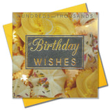 Birthday Card, Yellow Cakes, Birthday Wishes, Embossed and Foiled text