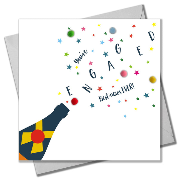 Wedding Card, Pop! You're Engaged Best News, Embellished with colourful pompoms