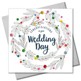 Wedding Card, Flowers, Congratulations, Embellished with colourful pompoms