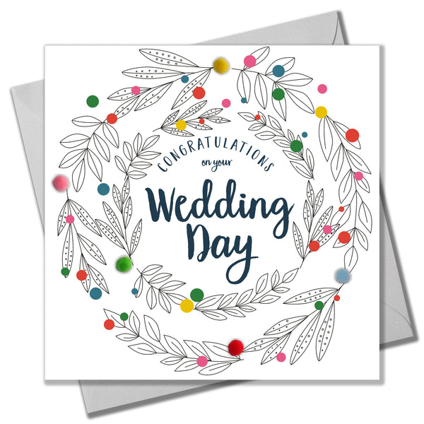 Wedding Card, Flowers, Congratulations, Embellished with colourful pompoms