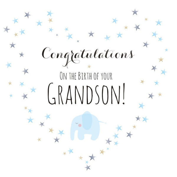 Baby Card, Blue Elephant and Heart, Birth of Grandson