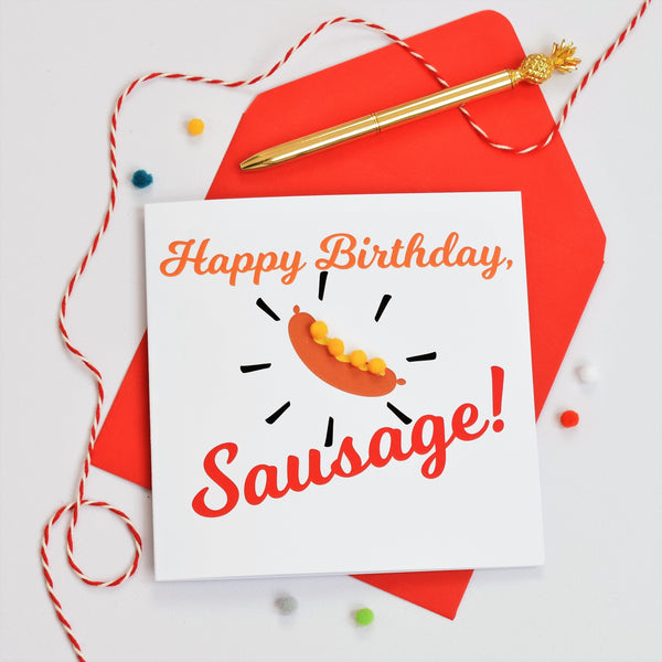Birthday Card, Hello Sausage, Embellished with colourful pompoms