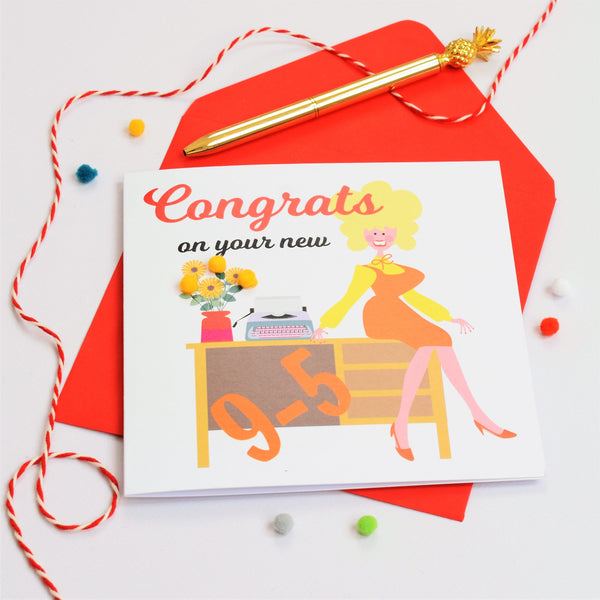 New Job Congratulations Card, 9-5 Dolly, Embellished with colourful pompoms