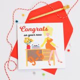 New Job Congratulations Card, 9-5 Dolly, Embellished with colourful pompoms