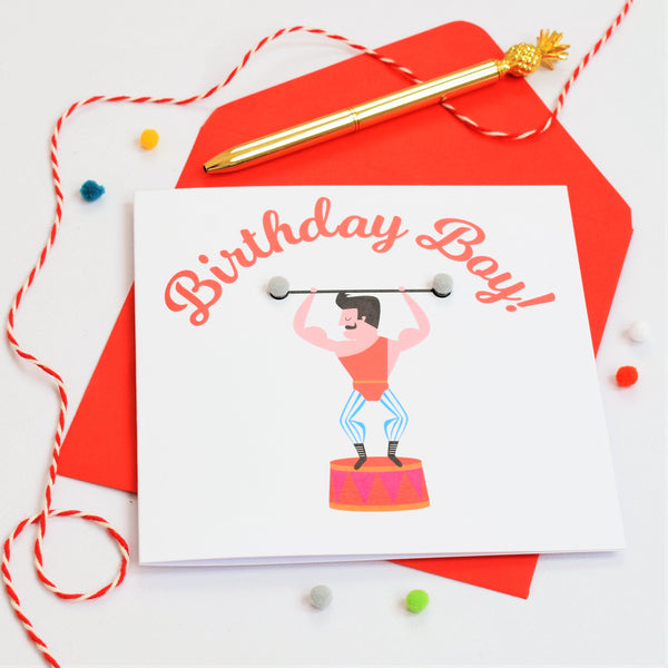 Birthday Boy Card, Circus Strong Man, Embellished with colourful pompoms