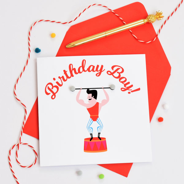 Birthday Boy Card, Circus Strong Man, Embellished with colourful pompoms