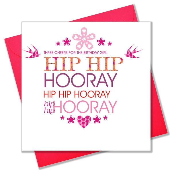 Birthday Card, Pink Heart, three cheers for the birthday girl!