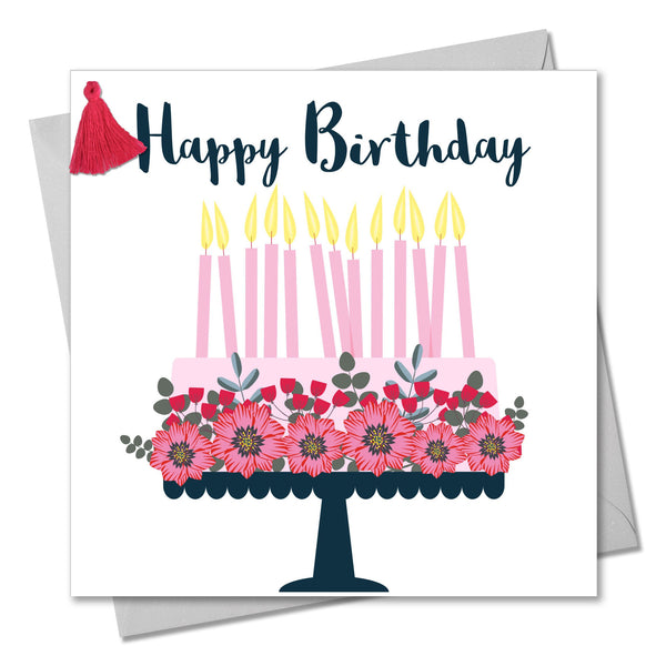 Birthday Card, Pretty Cake, Happy Birthday, Embellished with a colourful tassel