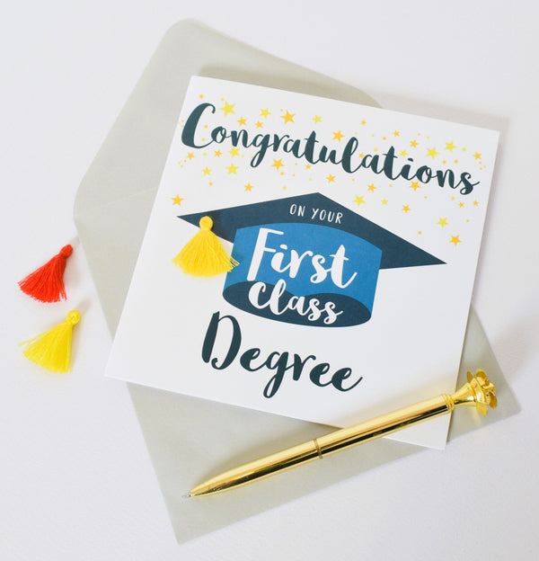 First Class Degree Congratulations Card, Embellished with a colourful tassel