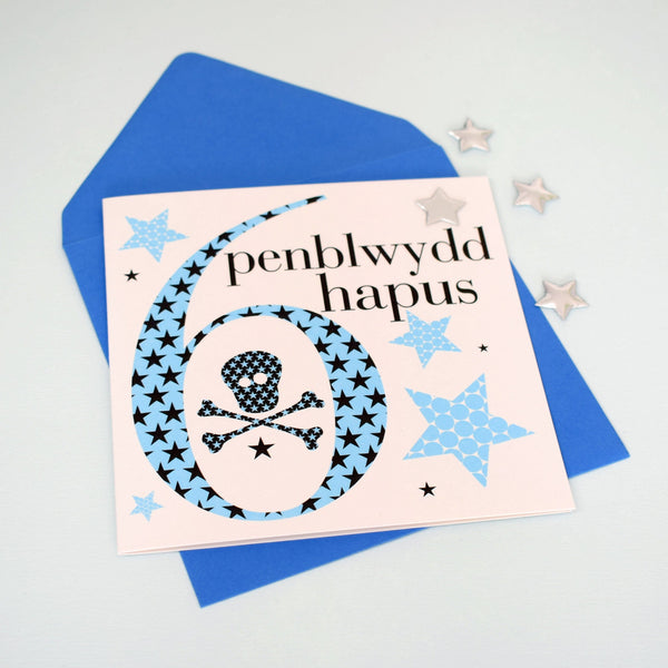 Welsh Birthday Card, Penblwydd Hapus, Age 6 Boy, Embellished with a padded star