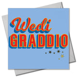 Welsh Graduation Card, Wedi Graddio, Red block letters, with gold foil