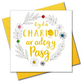 Welsh Easter Card, Pasg Hapus, Chick and Wreath, Pompom Embellished