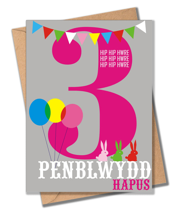 Welsh Birthday Card, Penblwydd Hapus, Pink Age 3, 3rd Birthday, Hip Hip Hooray