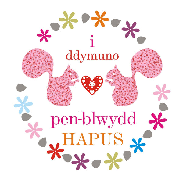 Welsh Birthday Card, Penblwydd Hapus, Squirrels, wishing you a happy birthday