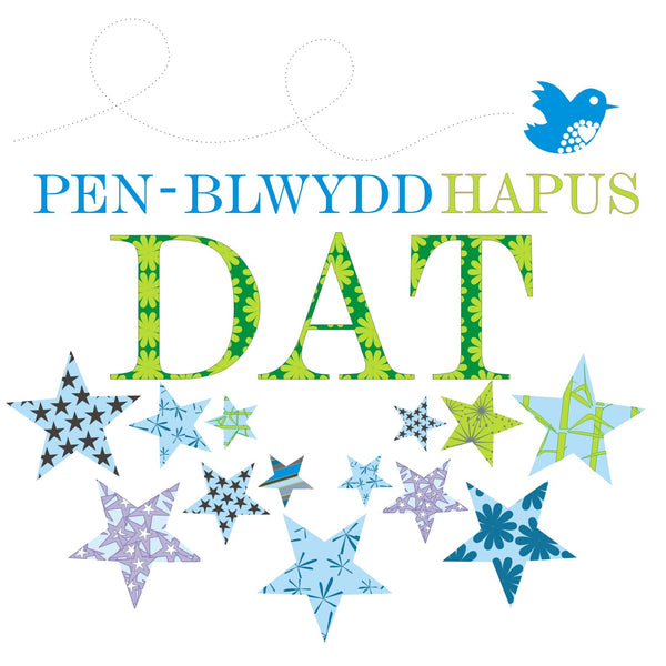 Welsh Dad Birthday Card, Penblwydd Hapus Dat, Blue Stars