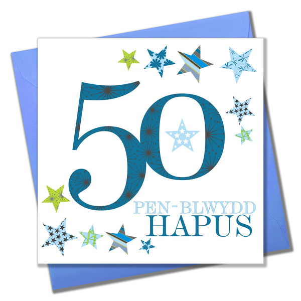 Welsh Birthday Card, Penblwydd Hapus, Blue Age 50, Happy 50th Birthday