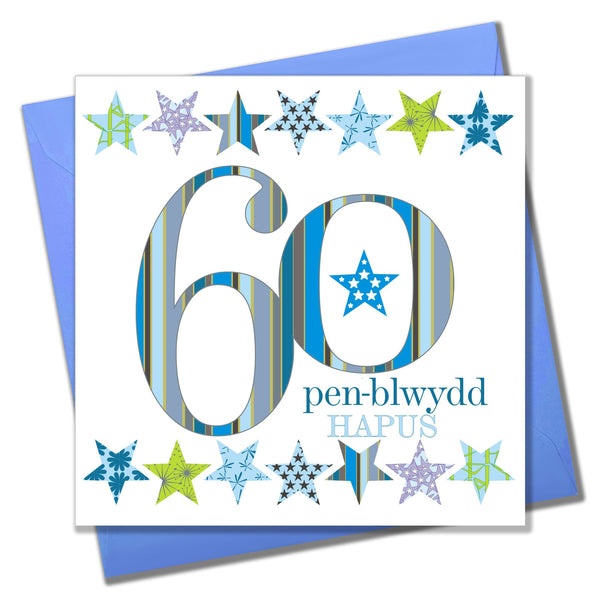 Welsh Birthday Card, Penblwydd Hapus, Blue Age 60, Happy 60th Birthday