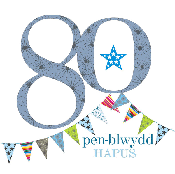 Welsh Birthday Card, Penblwydd Hapus, Blue Age 80, Happy 80th Birthday