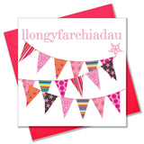 Welsh Congratulations Card, Pink Bunting and Star