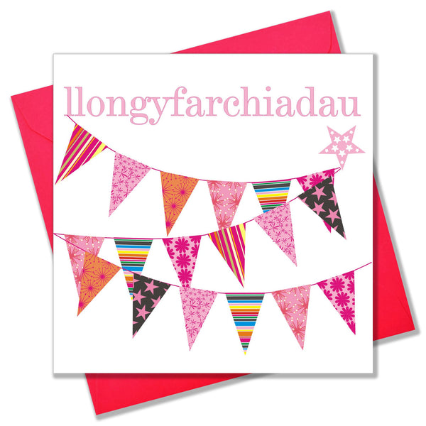 Welsh Congratulations Card, Pink Bunting and Star