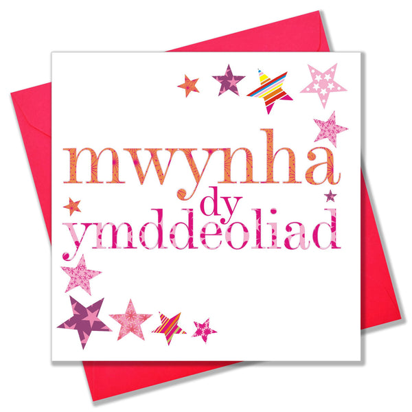 Welsh Congratulations and Good Luck Card, Pink Stars, enjoy your Retirement