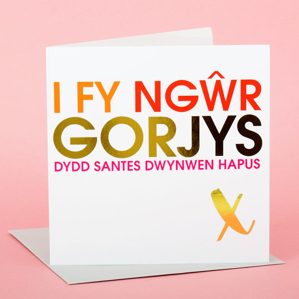 Welsh Valentines Day Card, Gorgeous Husband, text foiled in shiny gold