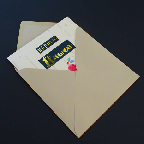 Welsh Christmas Card, Trees and Baubles, text foiled in shiny gold