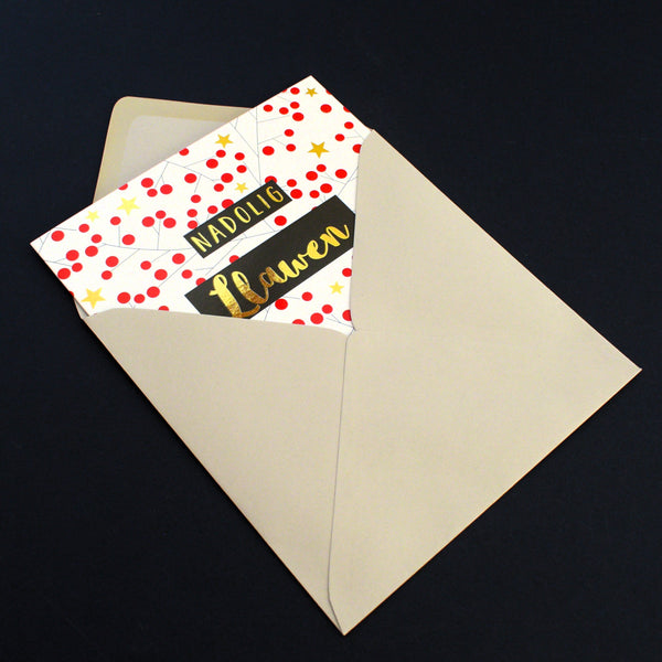 Welsh Christmas Card, Berries & Twigs, text foiled in shiny gold