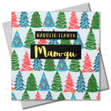 Welsh Christmas Card, Mam-gu, Granny Christmas Trees, text foiled in shiny gold