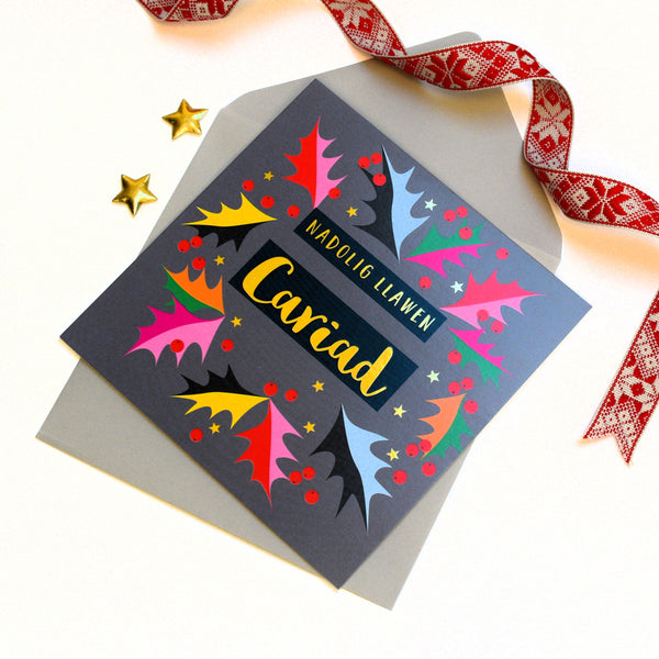 Welsh Christmas Card, Cariad, Love Bright Holly, text foiled in shiny gold