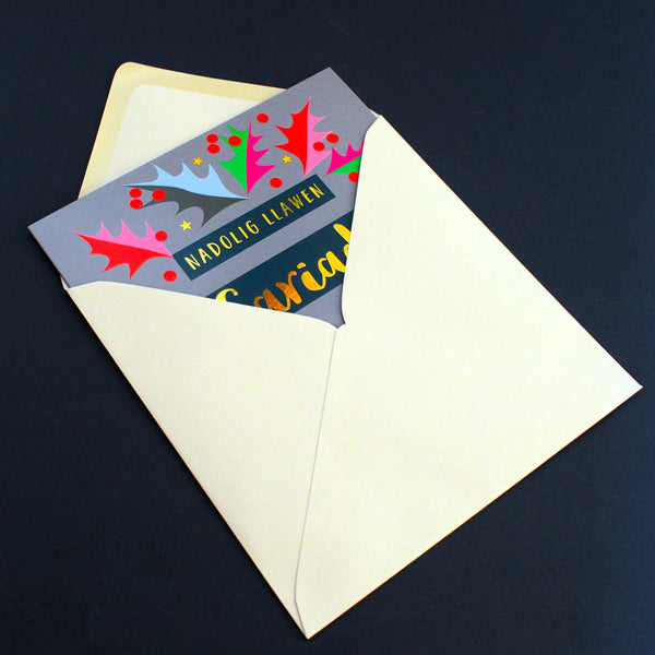 Welsh Christmas Card, Cariad, Love Bright Holly, text foiled in shiny gold
