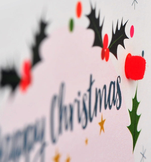 Welsh Goddaughter Christmas Card, Nadolig Llawen Merch, Pompom Embellished