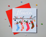 Welsh Christmas Card, Nadolig Llawen, Christmas stockings, Pompom Embellished