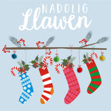 Welsh Christmas Card, Nadolig Llawen, Christmas stockings, Pompom Embellished