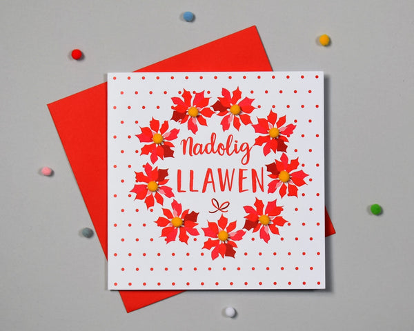 Welsh Christmas Card, Nadolig Llawen, Poinsettias and dots, Pompom Embellished