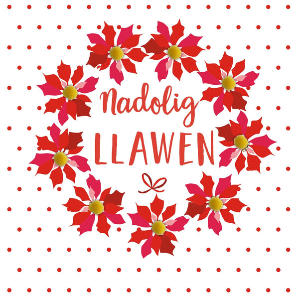 Welsh Christmas Card, Nadolig Llawen, Poinsettias and dots, Pompom Embellished