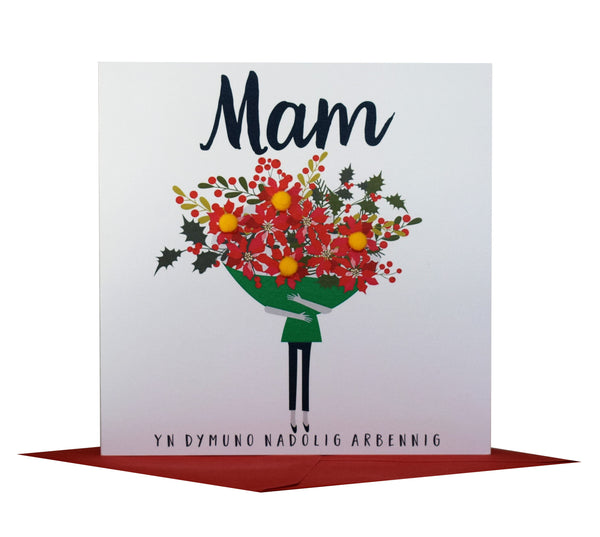 Welsh Mum Christmas Card, Nadolig Llawen Mam, Bouquet, Pompom Embellished