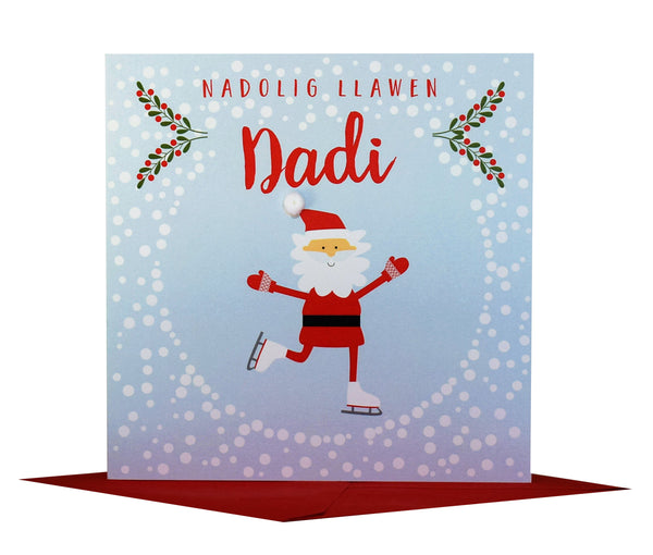 Welsh Daddy Christmas Card, Nadolig Llawen, Skating Santa, Pompom Embellished