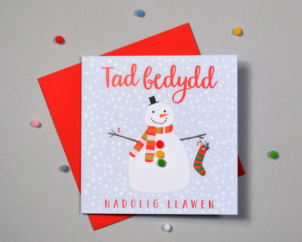 Welsh Godfather Christmas Card, Nadolig Llawen Tad Bedydd, Pompom Embellished