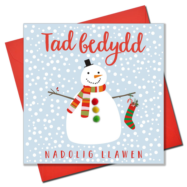 Welsh Godfather Christmas Card, Nadolig Llawen Tad Bedydd, Pompom Embellished