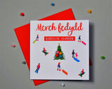 Welsh Goddaugher Christmas Card, Nadolig Llawen Merch Fedydd, Pompom Embellished