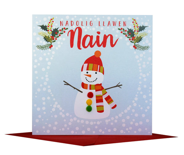 Welsh Christmas Card, Nadolig Llawen, Nain, Snowman, granny, Pompom Embellished