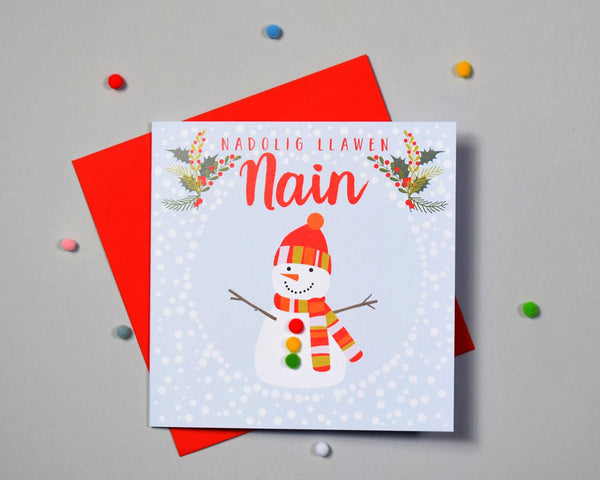 Welsh Christmas Card, Nadolig Llawen, Nain, Snowman, granny, Pompom Embellished