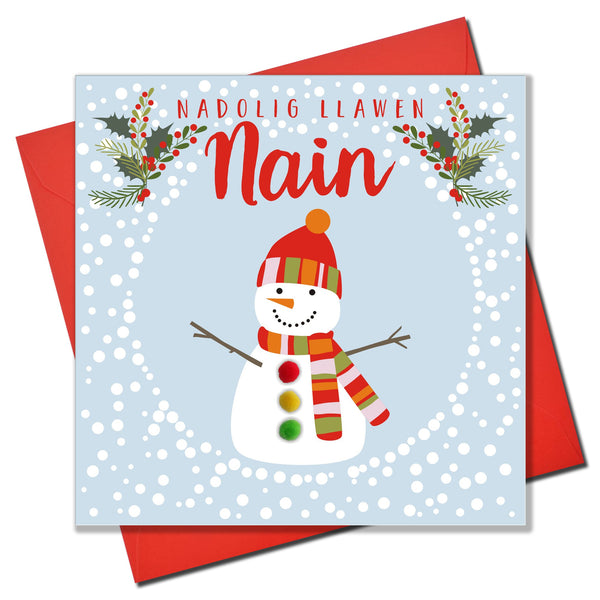 Welsh Christmas Card, Nadolig Llawen, Nain, Snowman, granny, Pompom Embellished