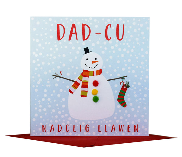 Welsh Grandpa Christmas Card, Nadolig Llawen Dad-cu, Snowman, Pompom Embellished