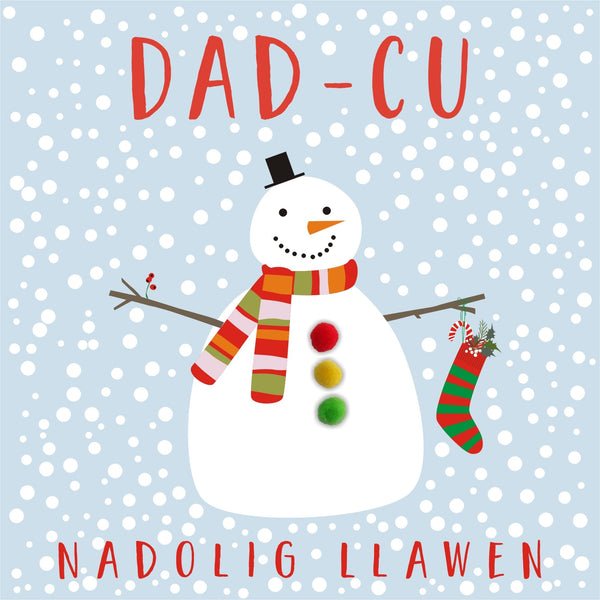 Welsh Grandpa Christmas Card, Nadolig Llawen Dad-cu, Snowman, Pompom Embellished