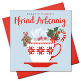 Welsh Friend Christmas Card, Nadolig Llawen, xmas Cappuccino, Pompom Embellished