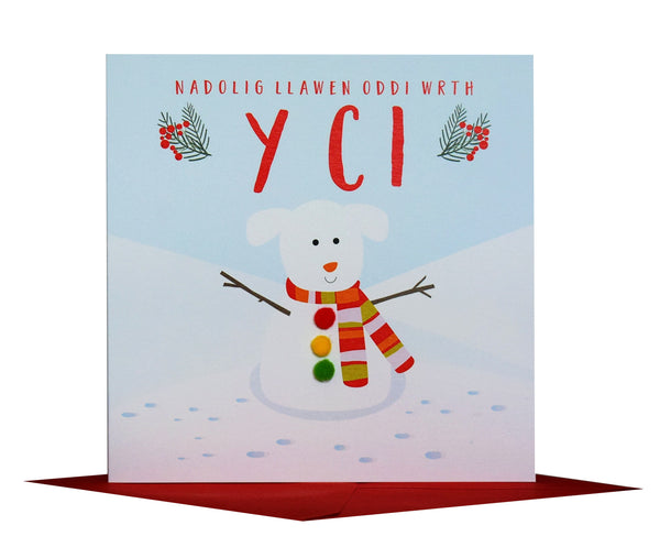 Welsh Christmas Card, Nadolig Llawen, Ci, From the Dog, Pompom Embellished